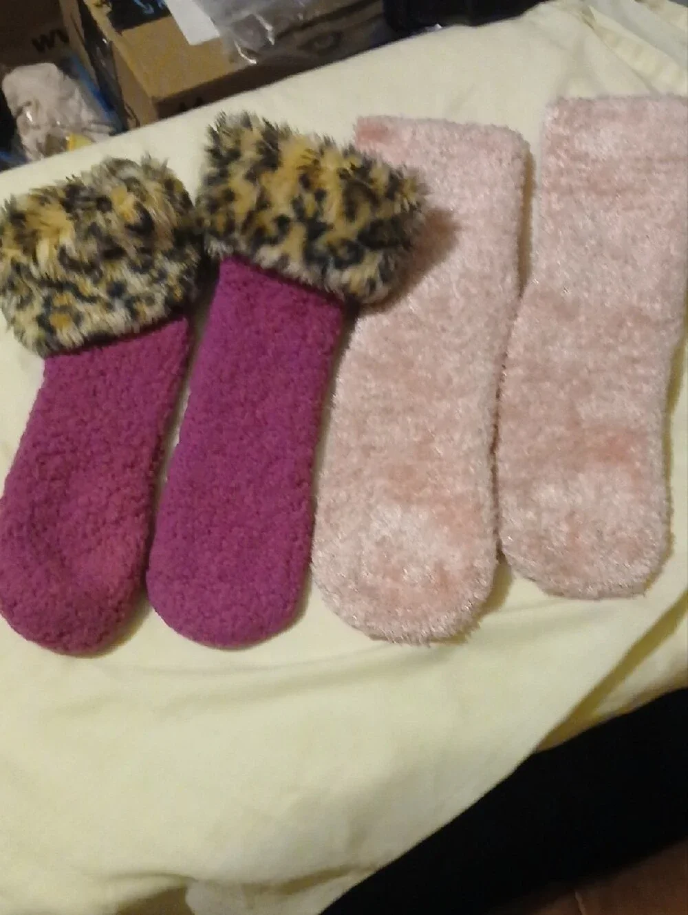 Cozy Vintage early 90s  Socks Duo -  One is pink& one is purple w/ leopard fur.
